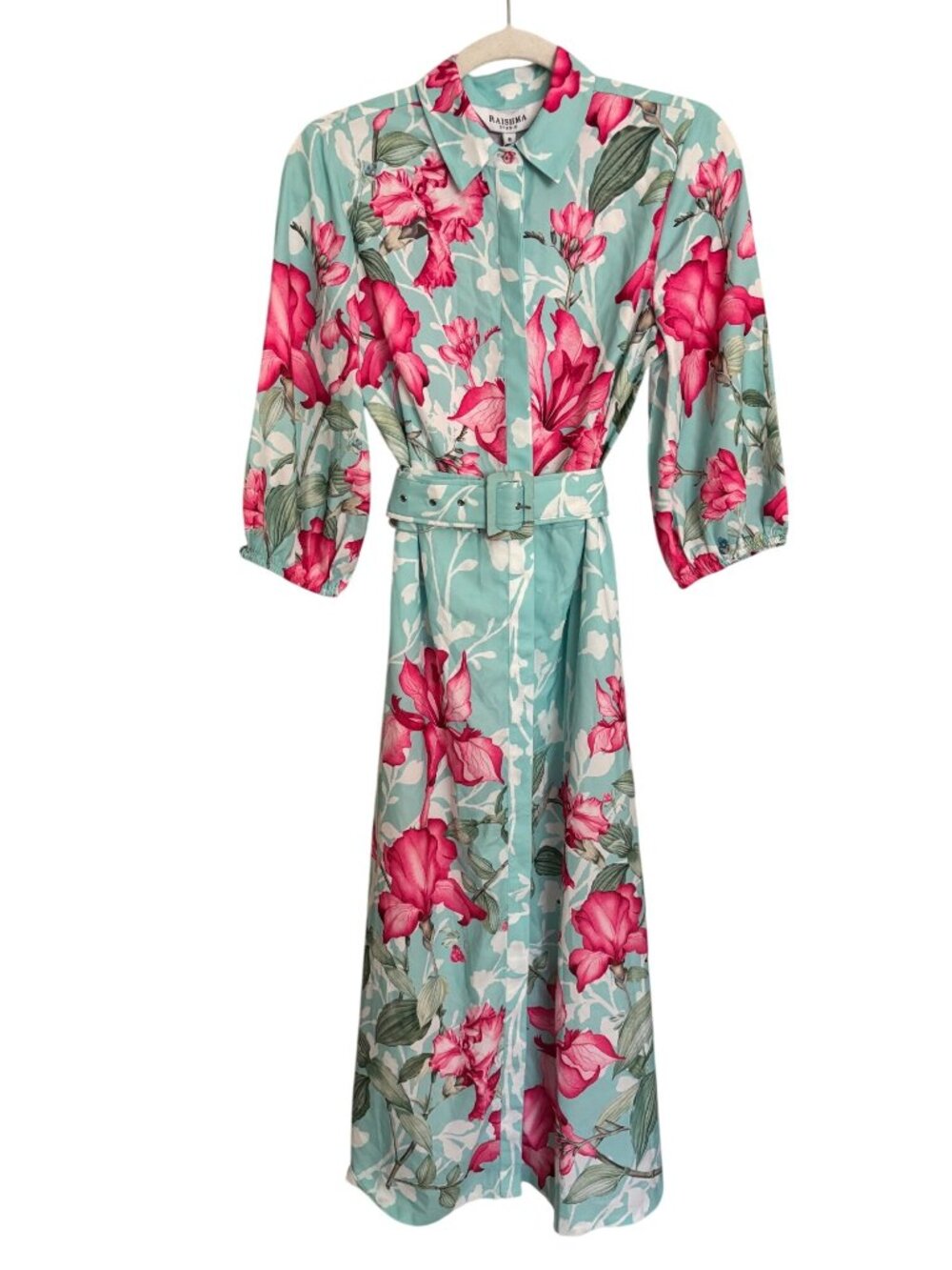 Raishma Studio Floral Belted Maxi Dress Turquoise Pink Size 8